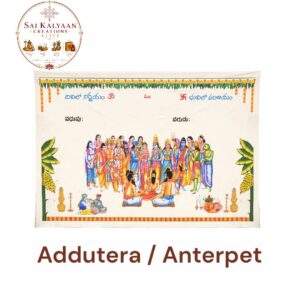 traditional telugu wedding addutera / anterpat cloth featuring divine hindu wedding artwork